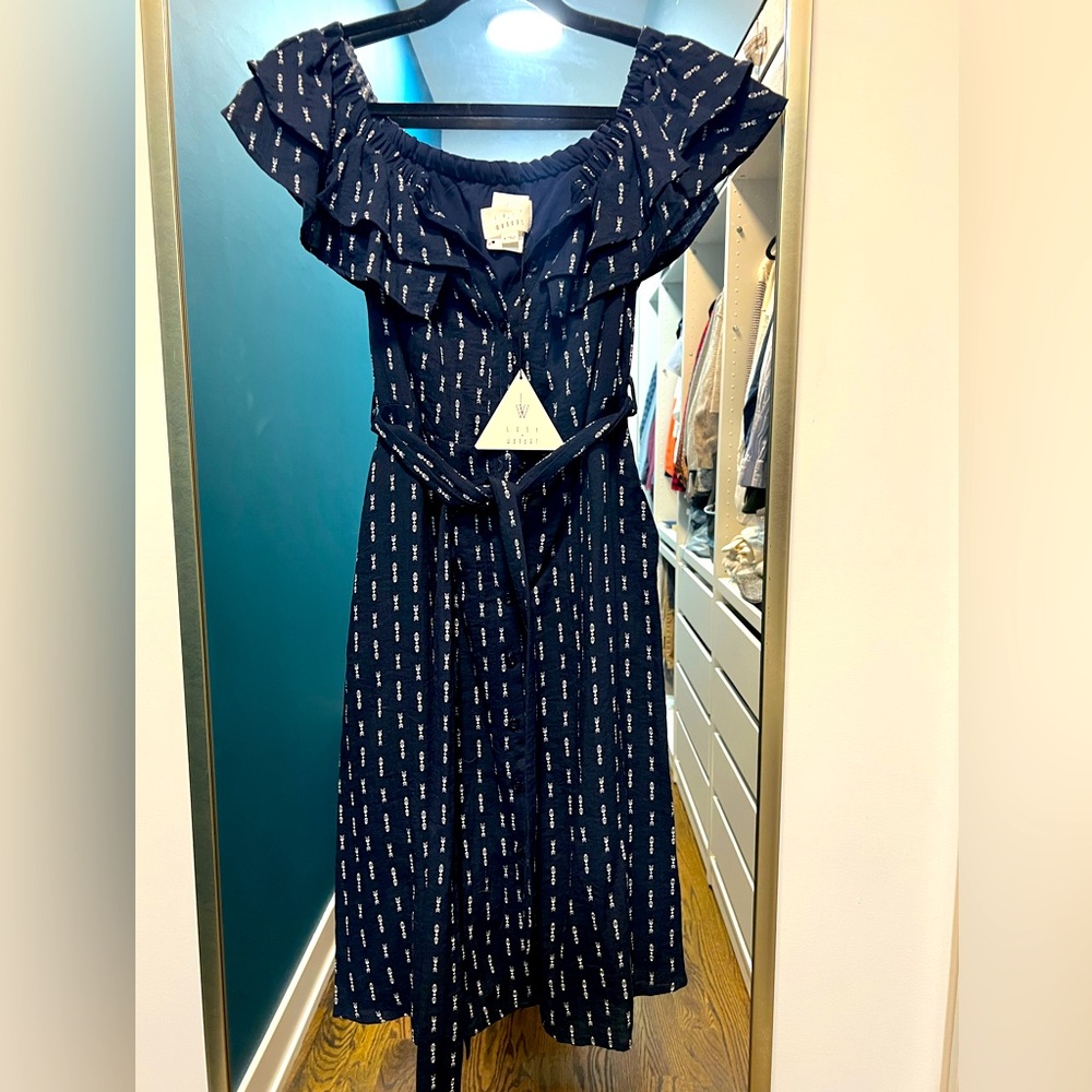 Lost + Wander | Navy Blue | Off the Shoulder Midi Dress